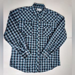 Mens Wrangler Wrancher Blue & Black Plaid Western Pearl Snap LS Shirt Size L